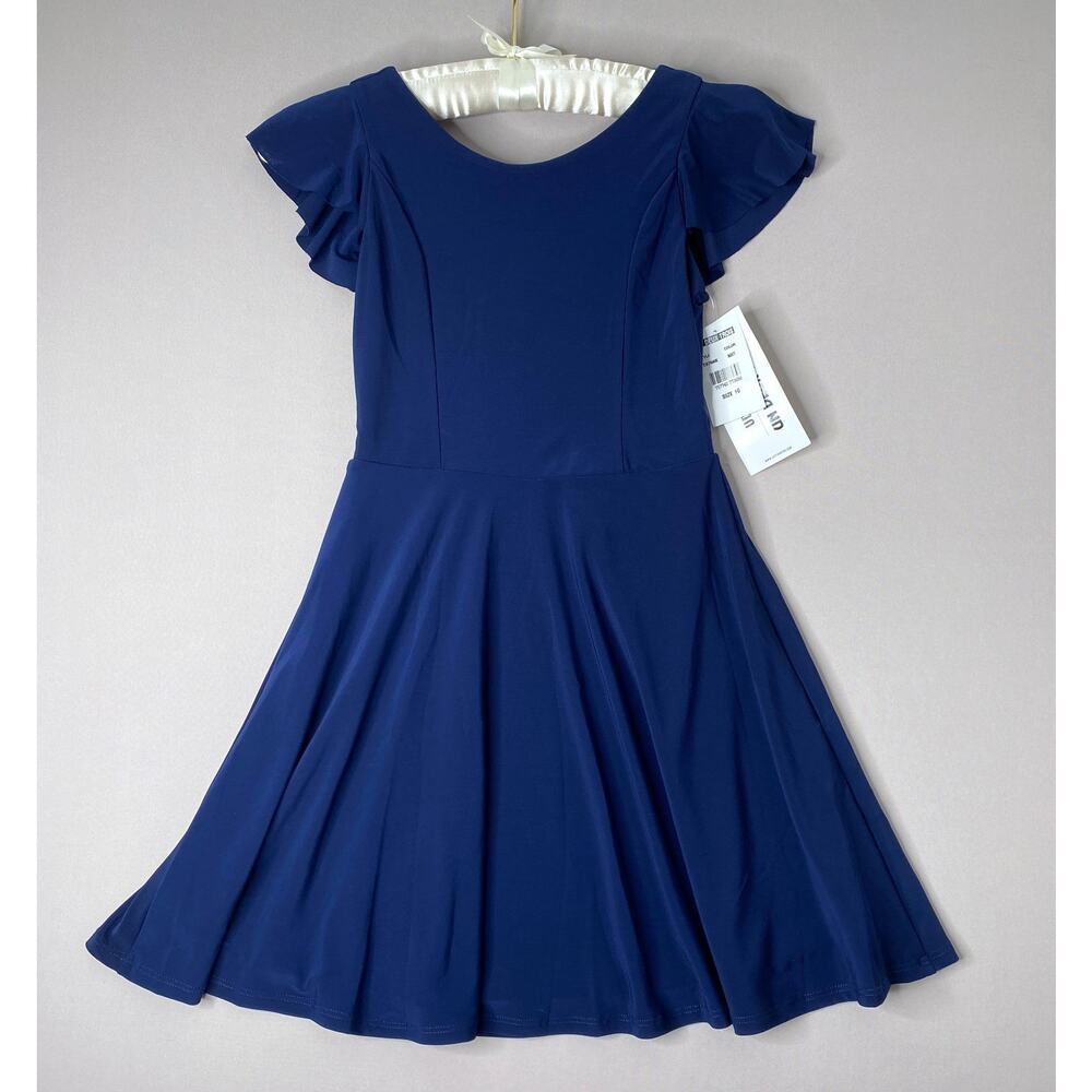 NWT Un Deux Trois Navy Blue Scoop Back Leah Ruffle Dress UDT Girls 10 Yrs